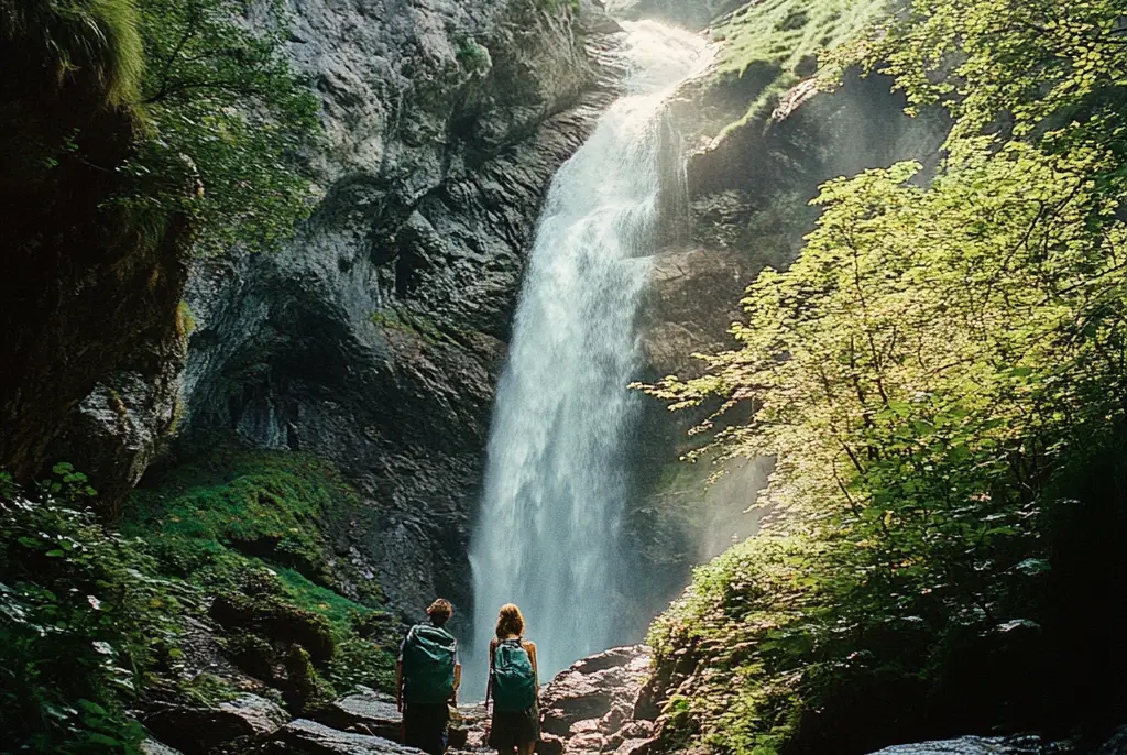 Zwei Leute stehen vor dem Wildensteiner Wasserfall.